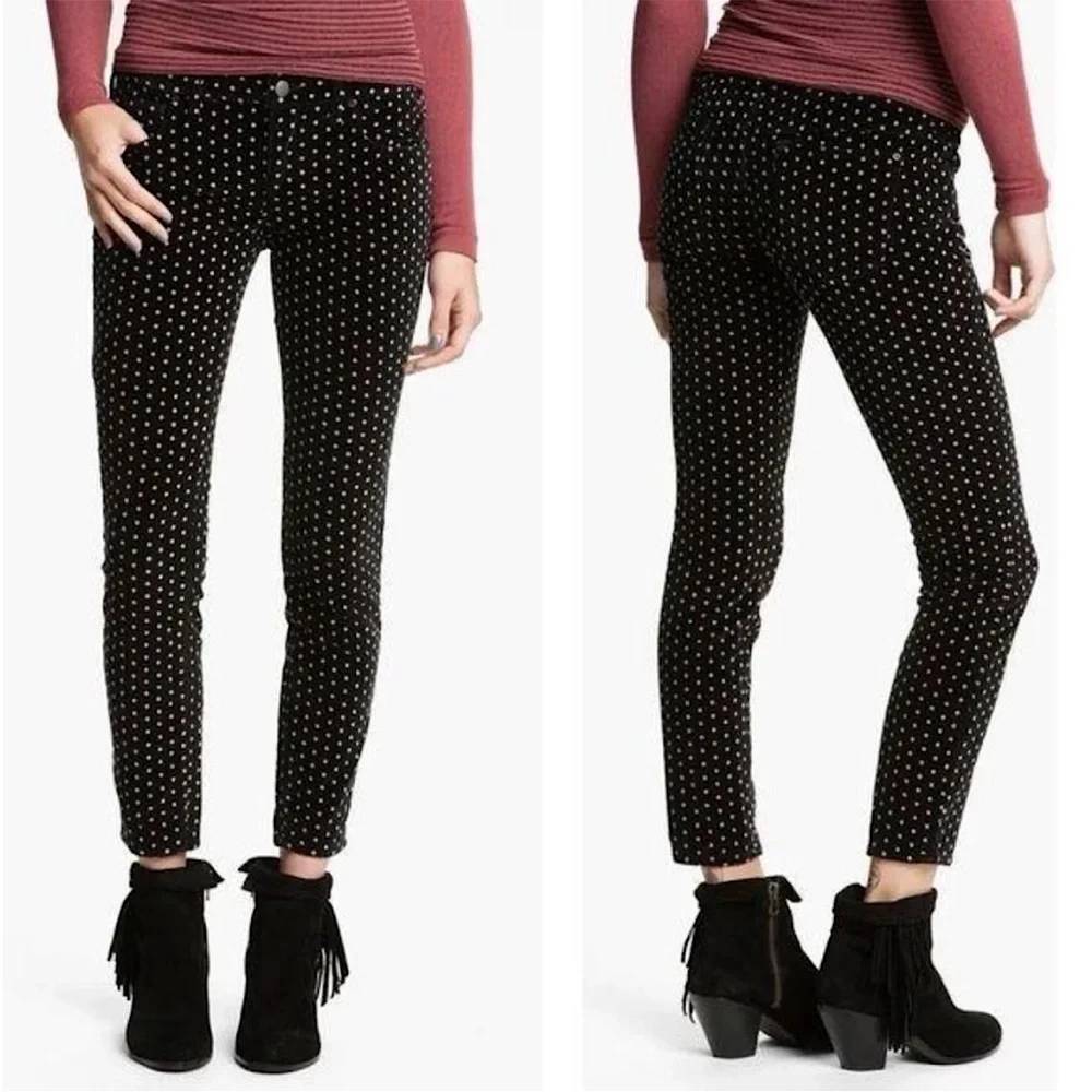 Free People Polka Dot Velvet Black Crop Skinny Jean Ankle Pants Size 29
